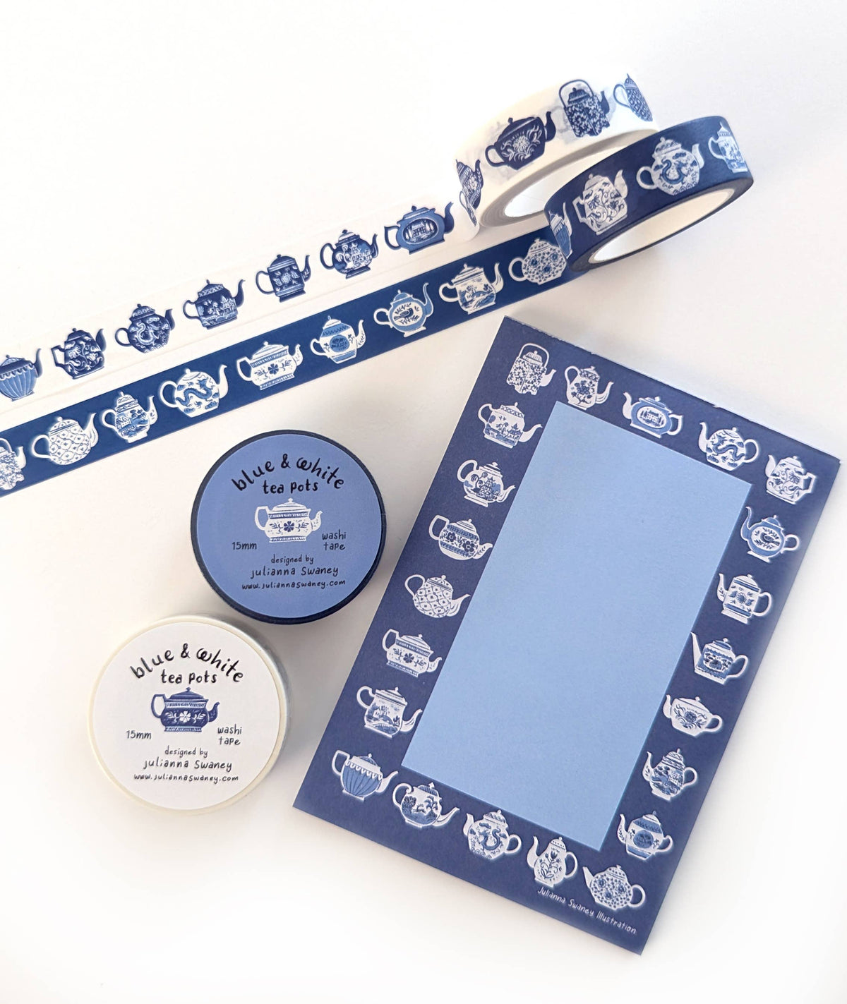 Blue & White Teapots Washi Tape White Background