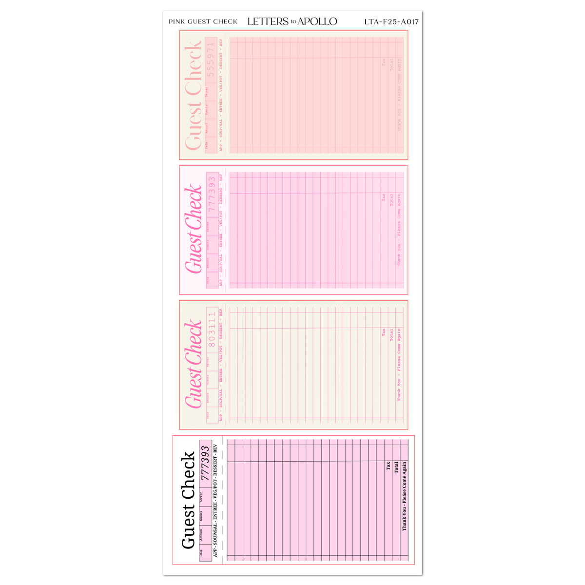 Pink Guest Checks Sticker Sheet