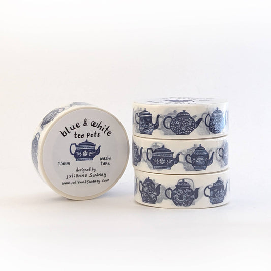 Blue & White Teapots Washi Tape White Background