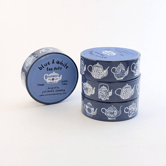 Blue & White Teapots Washi Tape Blue Background