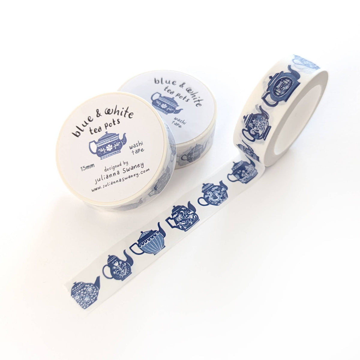 Blue & White Teapots Washi Tape White Background