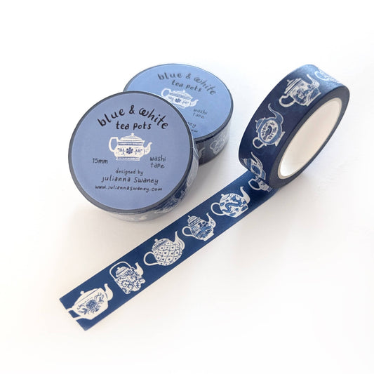 Blue & White Teapots Washi Tape Blue Background