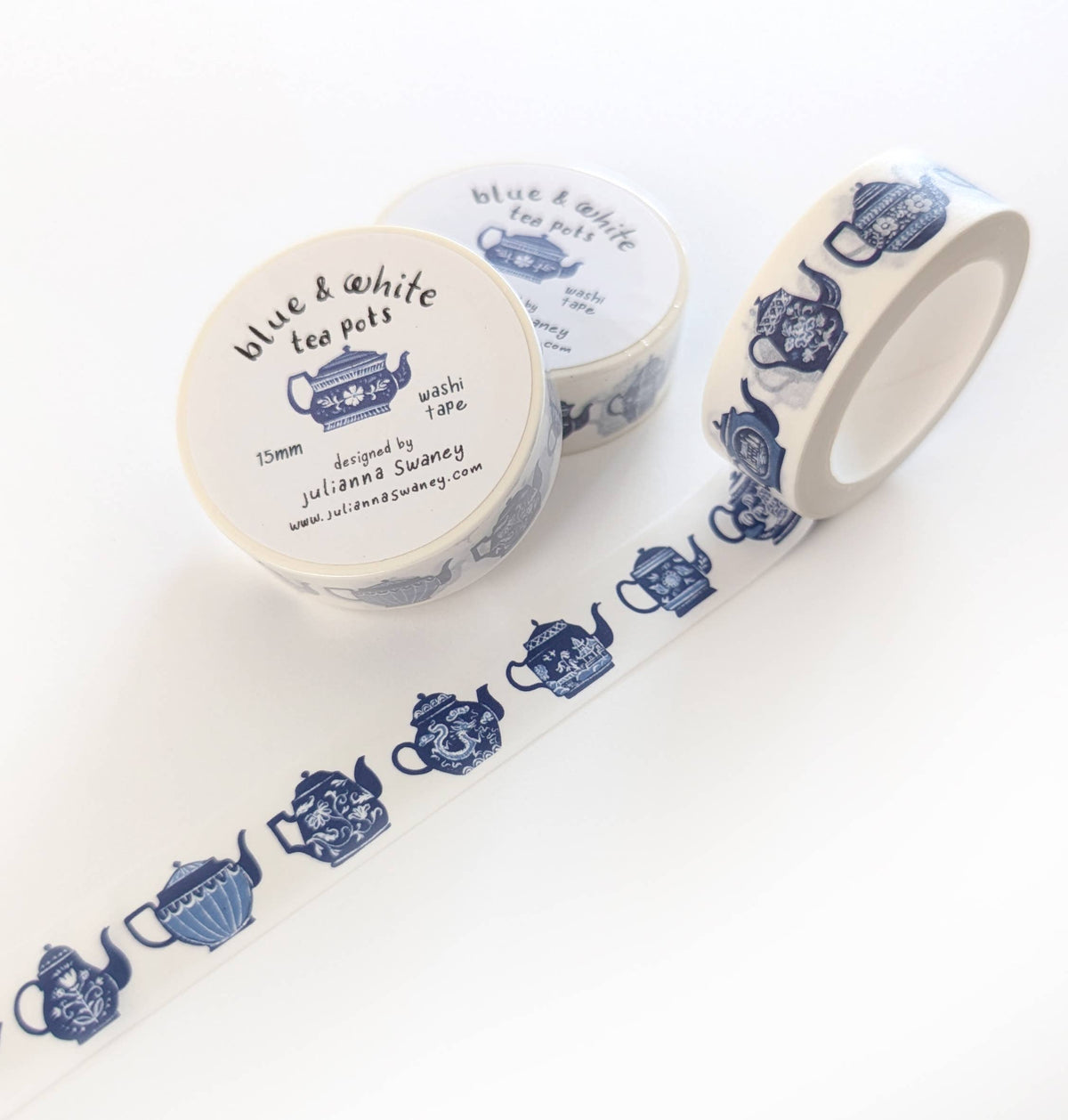 Blue & White Teapots Washi Tape White Background