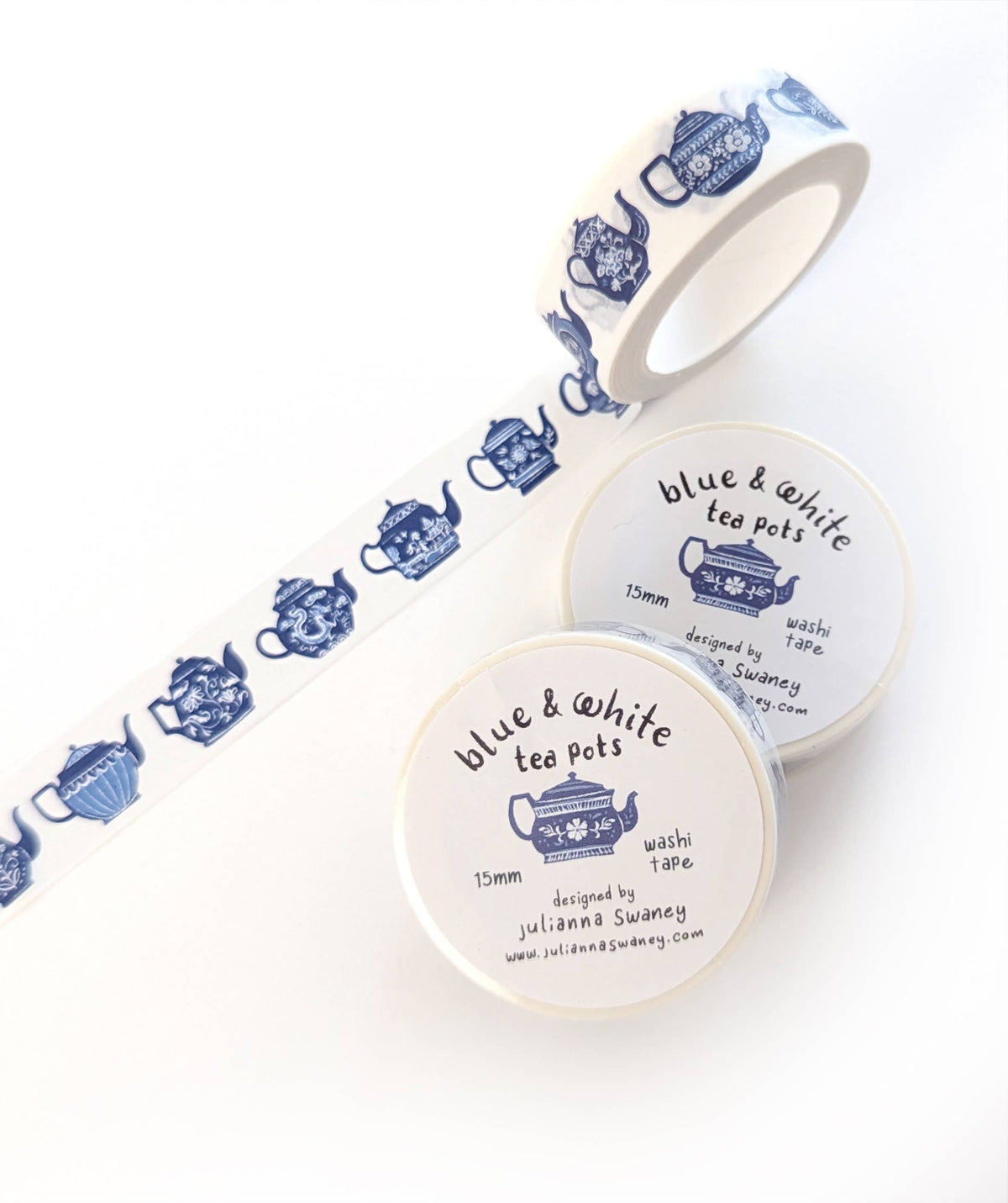 Blue & White Teapots Washi Tape White Background