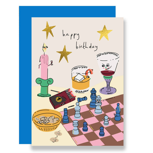 Chess Party Gold Foil Birthday Card